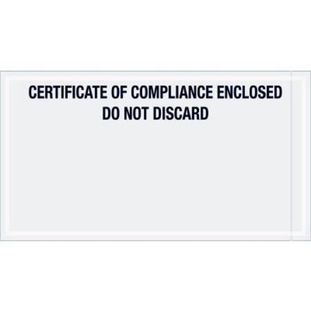 BOX PACKAGING Panel Face Envelopes, "Certificate Of Compliance Enclosed" Print, 11"L x 6"W, Black, 1000/Pack PL511